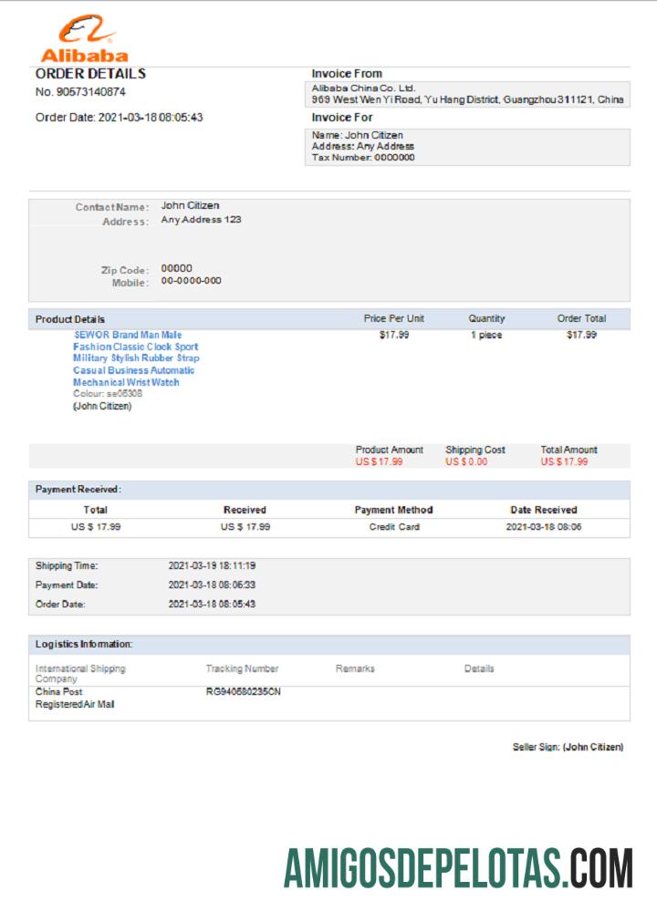 Fatura Alibaba dos EUA exemplo